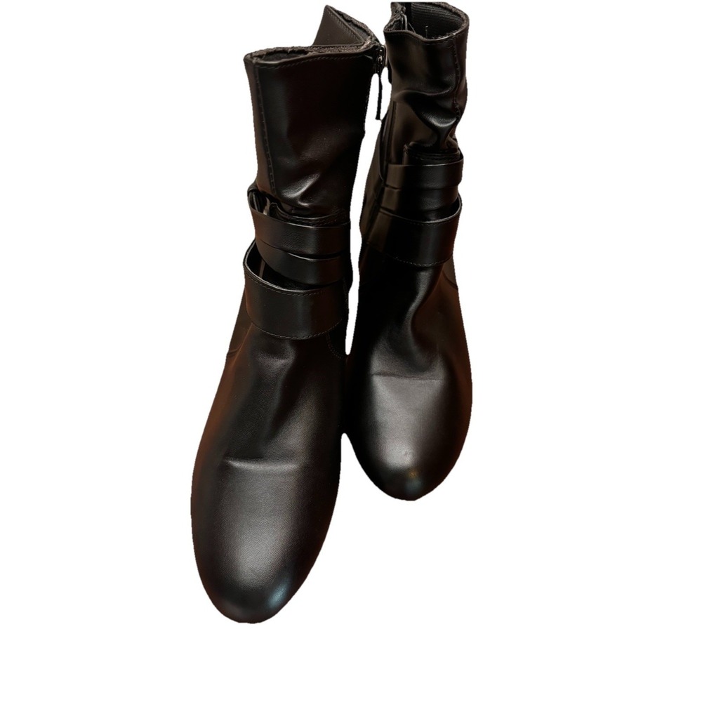 Black Ankle Boots with Straps Stacked Heel Rounded Toe Elegant Dress Shoes Sz 11 - Picture 14 of 14